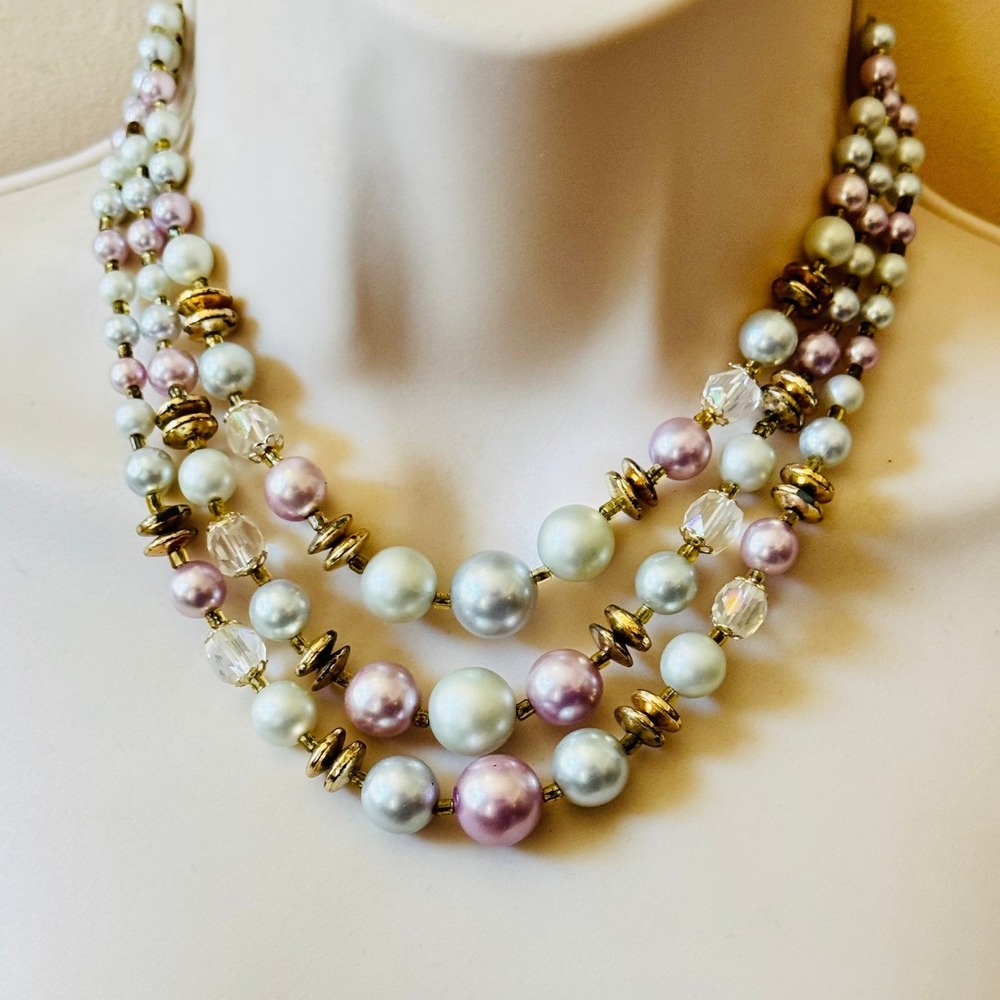 Japan Necklace VTG Pearl Multi Bib Beaded Triple Strand Glam Elegant 1960s‎ 16"